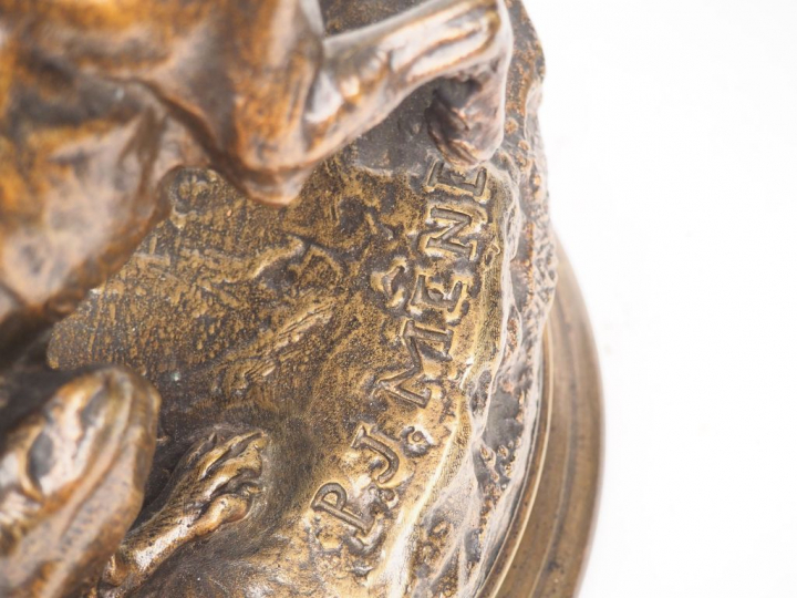 Pierre Jules MENE. "Le chasseur écossais". Groupe en bronze à patine m