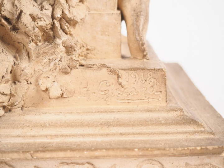 H. GISCARD. "Faunes et Nymphe". Groupe en terre cuite. Signé et daté 1