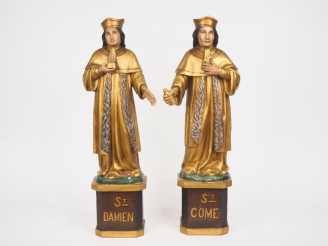 Vente aux enchères Ecole française XIXème. "Saint Côme" et "Saint Damien". Paire de sculp