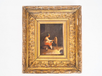 Vente aux enchères Tableautin XIXème. "Jeune homme au rouet". Huile sur panneau, dans un 