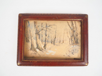 Vente aux enchères Petite aquarelle XXème.  "Sous-bois". Dim. 10 x 15 cm.