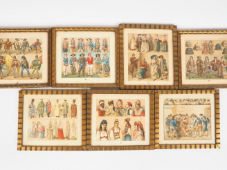 Vente aux enchères 7 lithographies encadrées, "personnages du monde en tenues traditionne