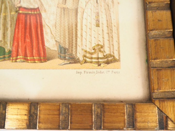 7 lithographies encadrées, "personnages du monde en tenues traditionne