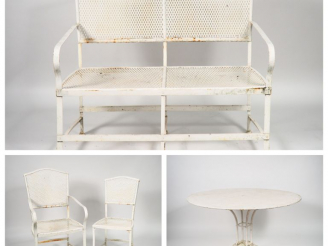 Vente aux enchères Salon de jardin en métal peint à décor ajouré de treillage, pieds grif