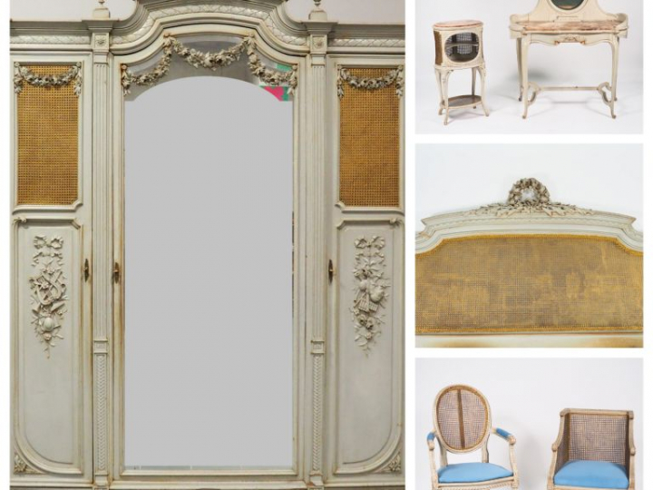 Mobilier de chambre à coucher Napoléon III de style Louis XVI en bois 