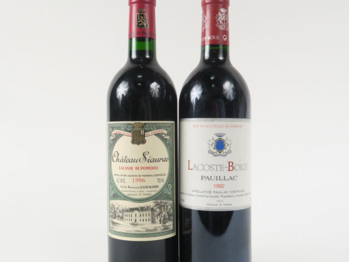 2 BOUTEILLES : 1 CHÂTEAU LACOSTE BORIE PAUILLAC 1992 - 1 CHÂTEAU SIAUR