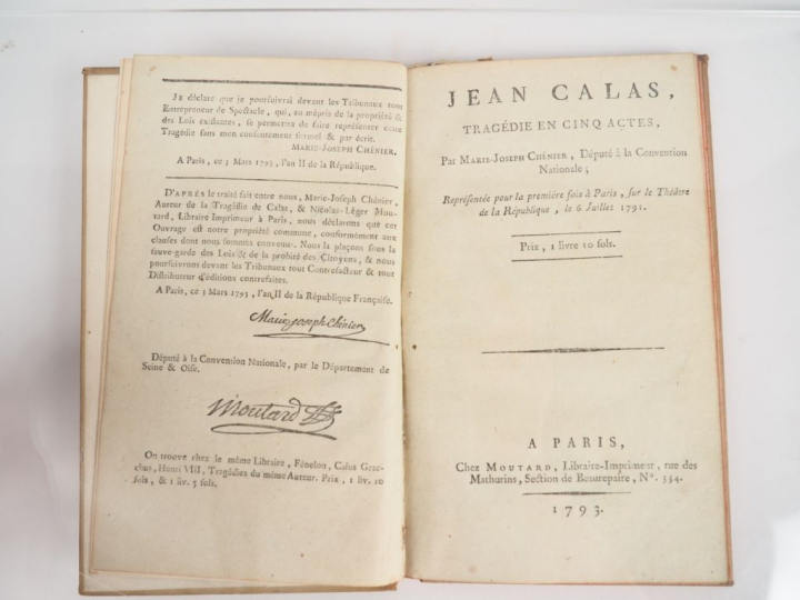 CHÉNIER (M.-J.). JEAN CALAS, tragédie en cinq actes. Paris, Moutard, 1