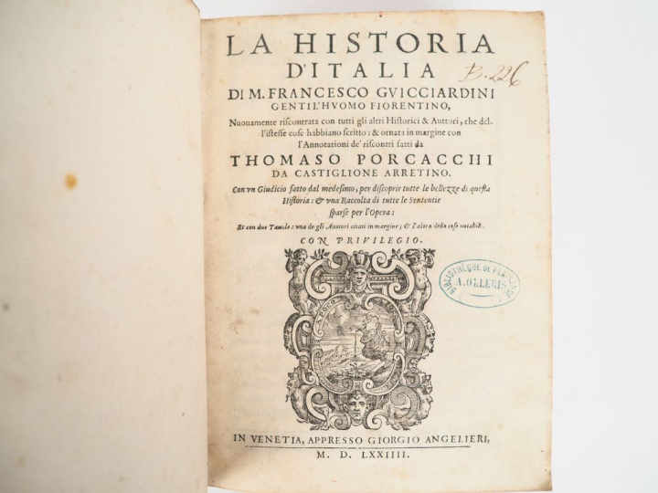 GUICCIARDINI (Francesco). LA HISTORIA D’ITALIA. Venetia, G. Angelieri,