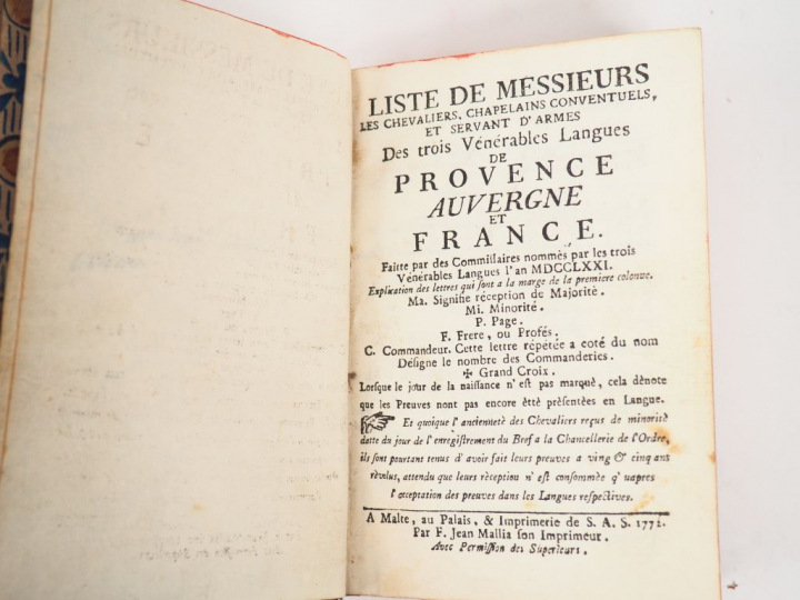 [MALTE]. LISTE DE MESSIEURS LES CHEVALIERS, CHAPELAINS CONVENTUELS, ET