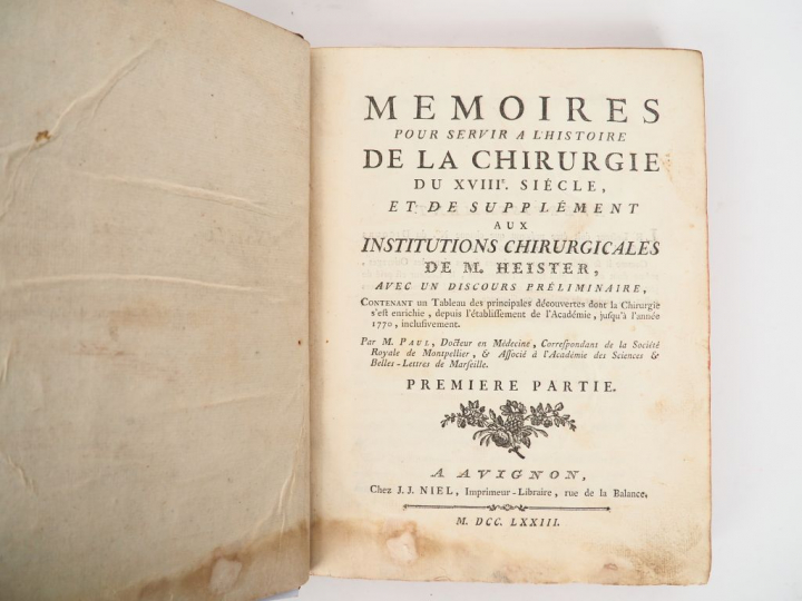 [MÉDECINE]. HEISTER (L.). INSTITUTIONS DE CHIRURGIE. Avignon, Niel, 17