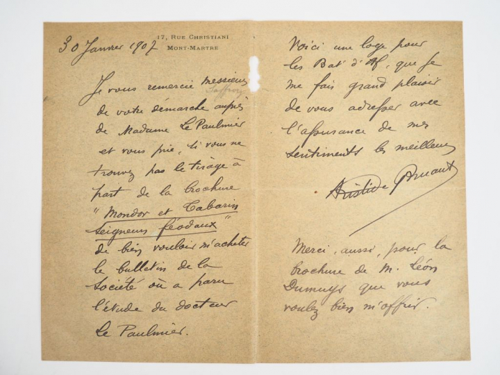 BRUANT (Aristide) (1851-1925). LETTRE AUTOGRAPHE signée et datée 30 ja
