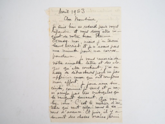 Vente aux enchères MARAIS (Jean) (1913-1998). LETTRE AUTOGRAPHE SIGNÉE. Avril 1953. Une p