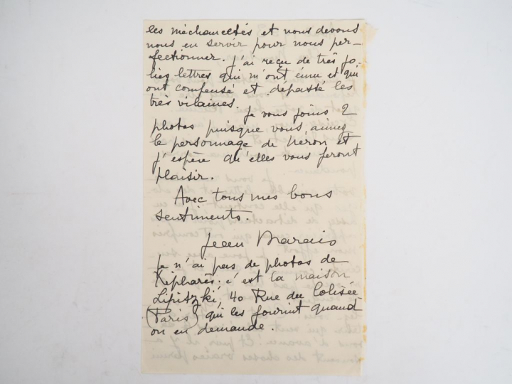 MARAIS (Jean) (1913-1998). LETTRE AUTOGRAPHE SIGNÉE. Avril 1953. Une p