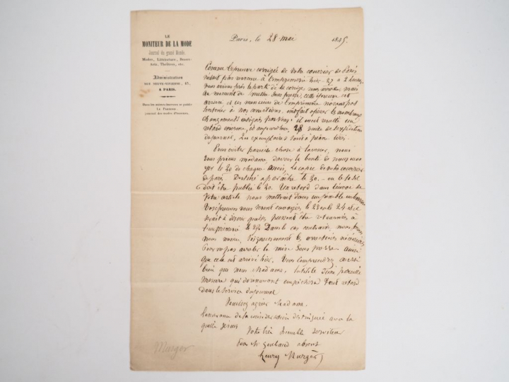 MURGER (Henry) (1822-1861). LETTRE AUTOGRAPHE SIGNÉE. Paris, 28 mai 18