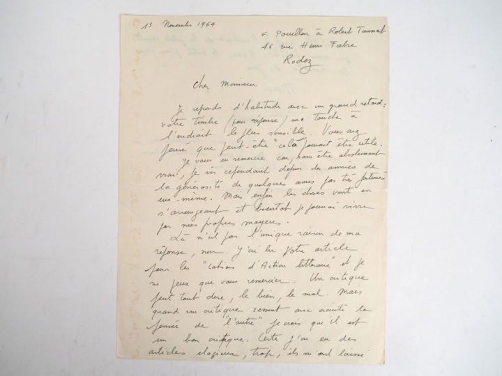 POUILLON (Fernand) (1912-1986). LETTRE AUTOGRAPHE SIGNÉE. [Paris], 15 