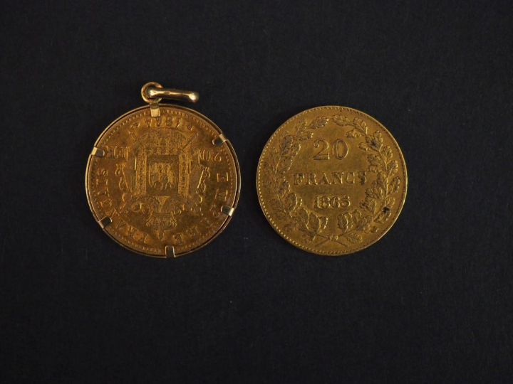 Pièce de 20 Francs or Léopold Premier 1865  Poids : 6,44 g Pendentif a