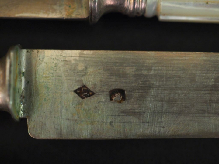 6 couteaux à fruits, manche en nacre, lame en argent poinçon Minerve. 