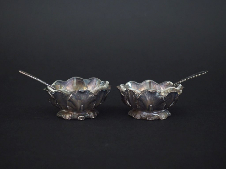 Paire de salerons Art Nouveau en argent poinçon Minerve, à décor de fe