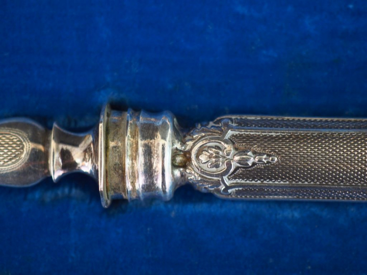 Couvert à poisson en argent, poinçon Minerve, lames en argent massif, 