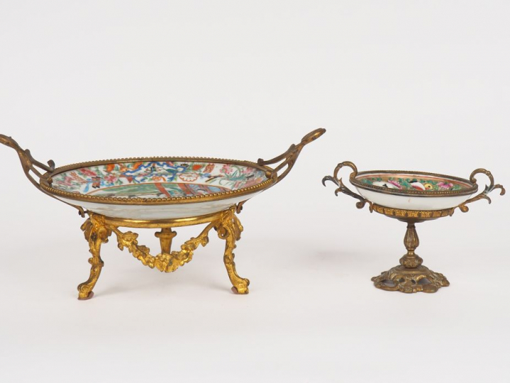 Assiette montée en drageoir en porcelaine et émaux polychromes de Cant