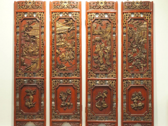 Vente aux enchères Ningbo, fin du XIXe siècle  Paravent à quatre feuilles en bois laqué r