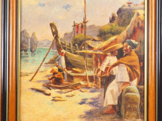 Vente aux enchères Albert CEZARD. "Pêcheurs sur les bords de la baie d'Halong". Huile sur