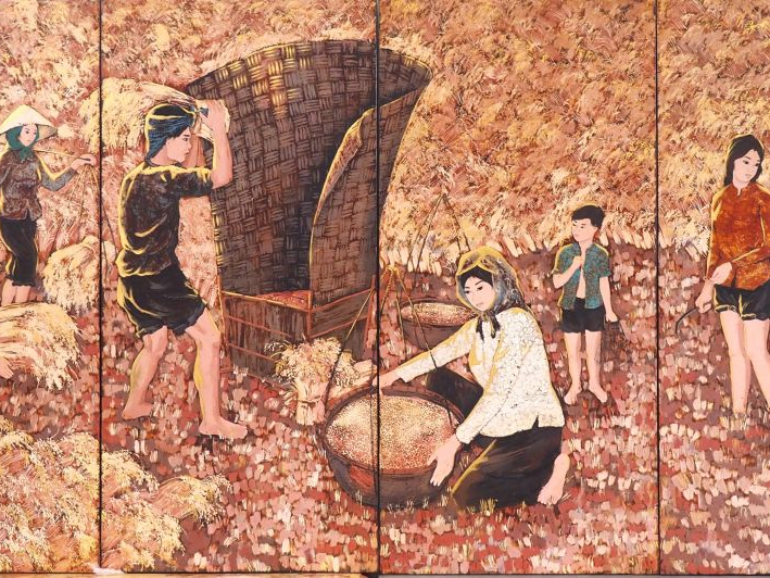 Vietnam, seconde moitié XXe siècle, Important panneau en laque polychr