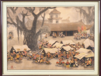 Vente aux enchères NGUYEN NGHIA DUYEN. "Marché sur la place du village". Encre et couleur