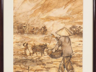 Vente aux enchères A. LINH (?) Vietnam, XXe  "paysans dans les rizières" Technique mixte.