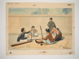 Vente aux enchères PHAM VAN LIEN. "Les musiciens". Aquarelle signée en bas à droite et da