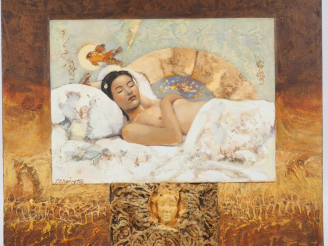 Vente aux enchères G. CHARRETON. "Odalisque extrême orientale". Technique mixte signée en