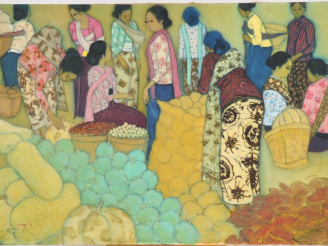 Vente aux enchères Nasjah DJAMIN. "Jeunes femmes au marché" Huile sur toile, signée en ba