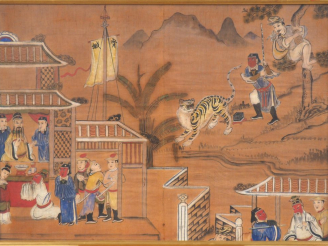 Vente aux enchères Corée XIXème, "Scène de palais, dignitaires et guerriers". Encre et co