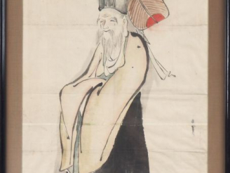 Vente aux enchères Japon, encre noire sur papier représentant Jurojin. Signée en bas à dr