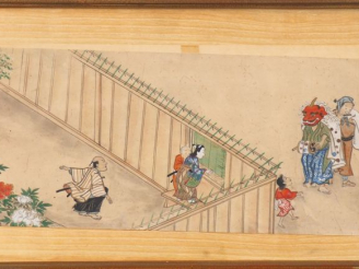 Vente aux enchères Japon, "scène de village". encre et couleurs sur papier. Dim. 17 x 51,