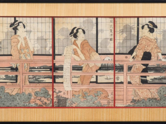 Vente aux enchères Japon, Eizan (1787-1867)   Triptyque yoko-e représentant trois courtis