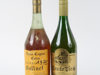 Vente aux enchères 2 BOUTEILLES : 1 VIEUX COGNAC BALLUET - 1 EAU DE VIE LANGUEDOC