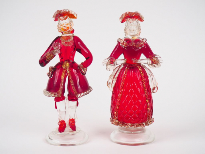Paire de sujets en en verre soufflé polychrome de Murano, "couple d'él