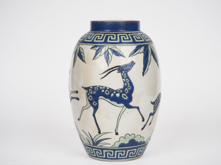 KERALOUVE Lalouvière.  Vase de style Art Déco en céramique polychrome 
