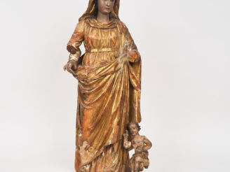 Vente aux enchères Ecole française XVIIIe. "Vierge à l'enfant". Sculpture en bois polychr
