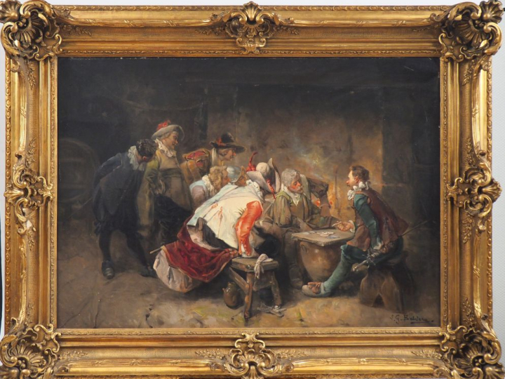 Luigi BALDERO. "La partie de cartes". Huile sur toile, signée en bas à