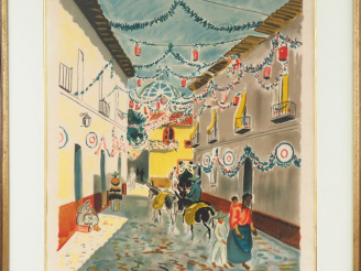 Vente aux enchères Yves BRAYER. "Village animé au Mexique" Lithographie signée en bas à d