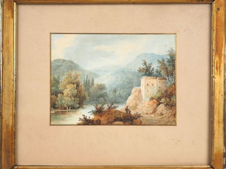 BRUNE. "Paysage lorrain animé". Aquarelle, signée et datée 1829 en bas