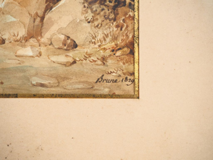 BRUNE. "Paysage lorrain animé". Aquarelle, signée et datée 1829 en bas