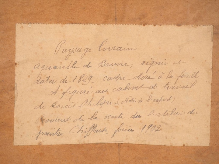 BRUNE. "Paysage lorrain animé". Aquarelle, signée et datée 1829 en bas