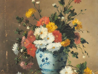 Vente aux enchères Amédée DE CARANZA. "Bouquet de fleurs dans un vase en faïence". Huile 