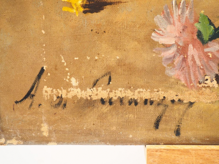 Amédée DE CARANZA. "Bouquet de fleurs dans un vase en faïence". Huile 