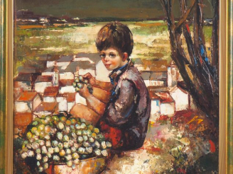 Vente aux enchères CORIA. "Enfant à la grappe de raisin". Huile sur toile, signée en bas 