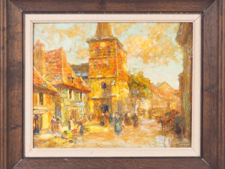 Vente aux enchères Victor Louis CUGUEN. "Jour de marché à Hérisson dans l'Allier" Huile s
