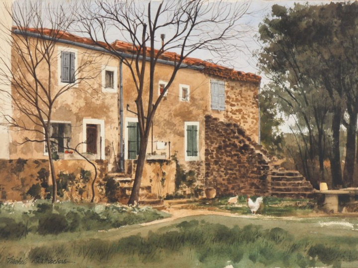 Michel DESROCHERS. "La caumette à Faugères". Aquarelle, signée en bas 